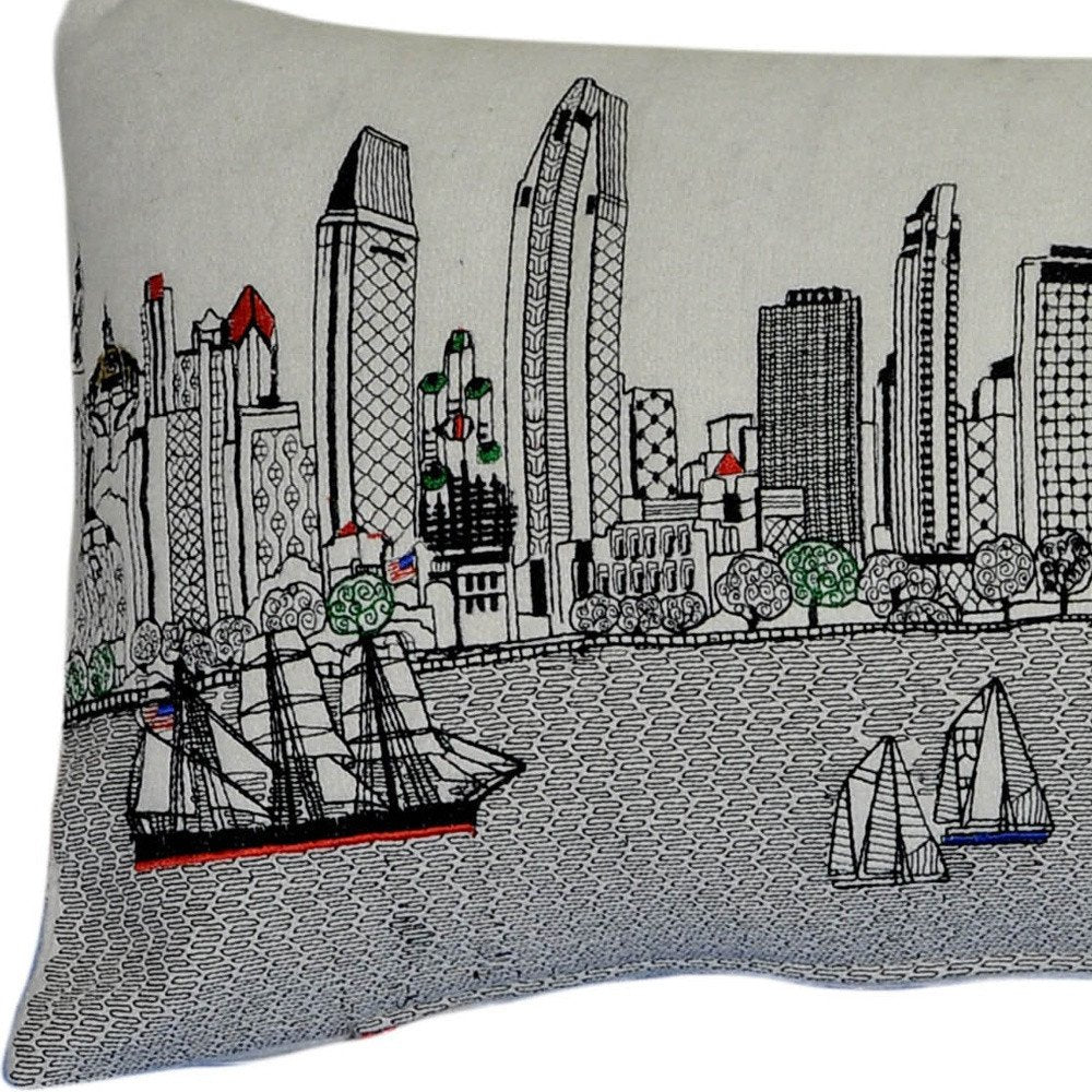 14" X 35" Dark Gray And White San Diego Nighttime Skyline Lumbar Decorative Pillow