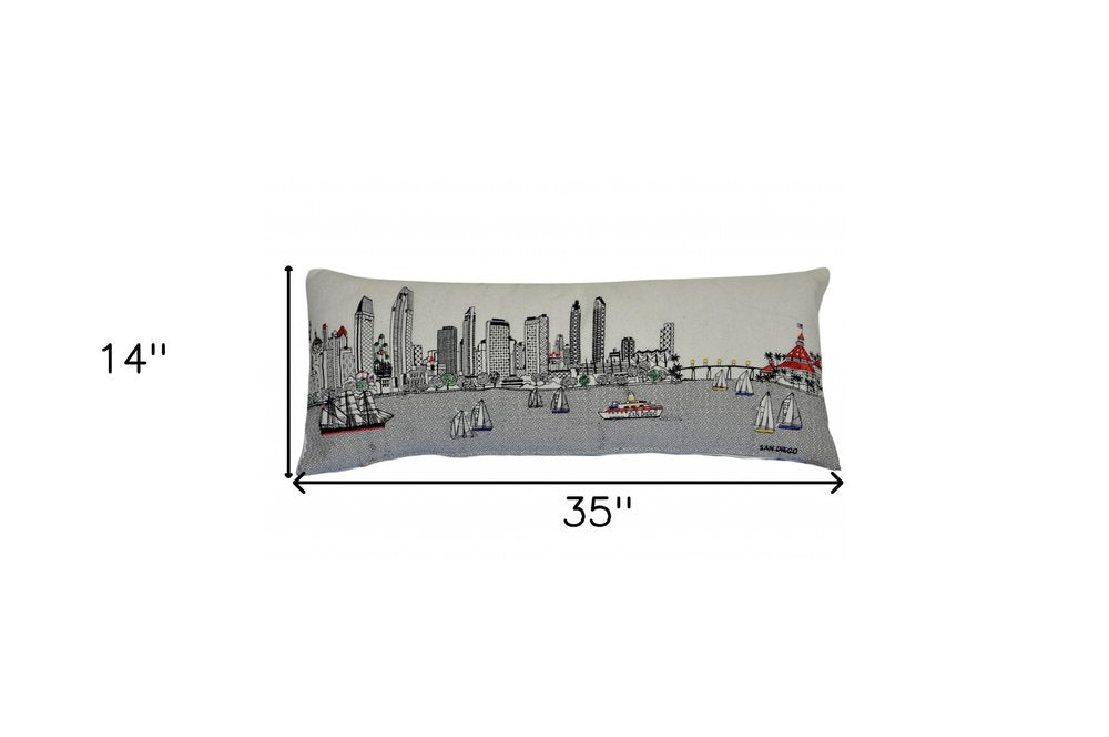 14" X 35" Dark Gray And White San Diego Nighttime Skyline Lumbar Decorative Pillow