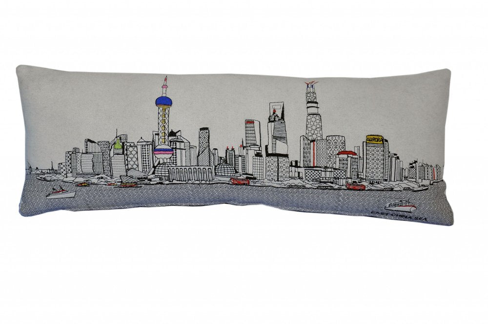 14" X 35" Dark Gray And White Shanghai Nighttime Skyline Lumbar Decorative Pillow