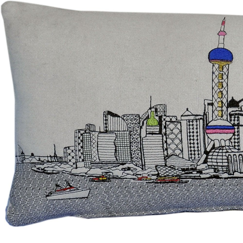 14" X 35" Dark Gray And White Shanghai Nighttime Skyline Lumbar Decorative Pillow