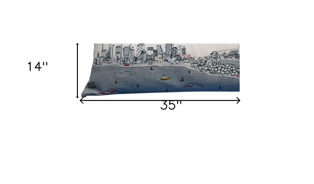 14" X 35" Dark Gray And White Sydney Nighttime Skyline Lumbar Decorative Pillow