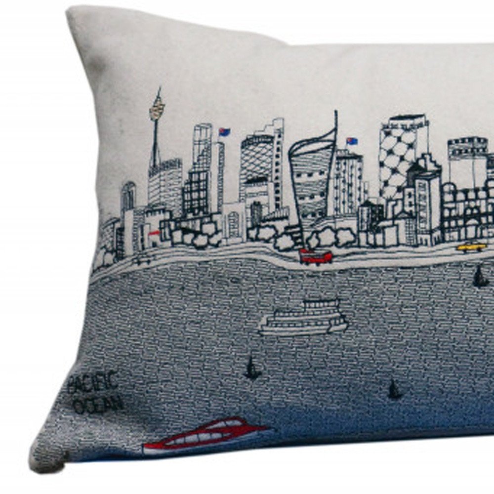 14" X 35" Dark Gray And White Sydney Nighttime Skyline Lumbar Decorative Pillow