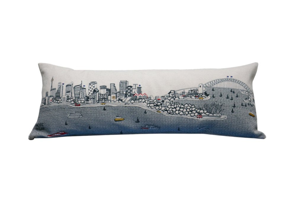 14" X 35" Dark Gray And White Sydney Nighttime Skyline Lumbar Decorative Pillow