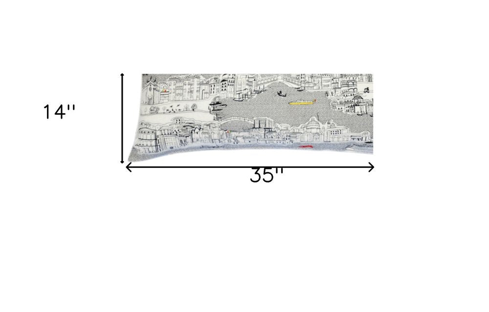 14" X 35" Dark Gray And White Venice Nighttime Skyline Lumbar Decorative Pillow