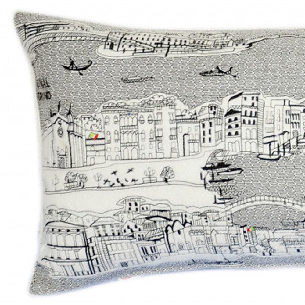 14" X 35" Dark Gray And White Venice Nighttime Skyline Lumbar Decorative Pillow
