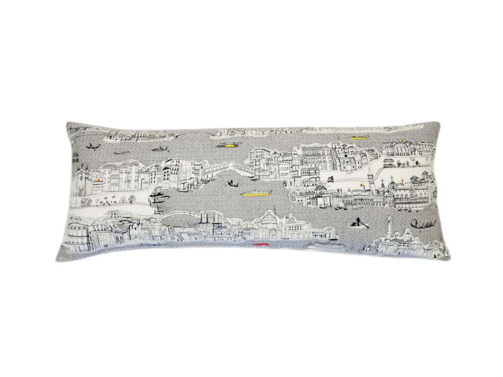 14" X 35" Dark Gray And White Venice Nighttime Skyline Lumbar Decorative Pillow