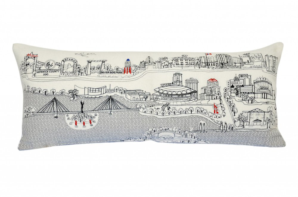 14" X 35" Dark Gray And White Wichita Nighttime Skyline Lumbar Decorative Pillow