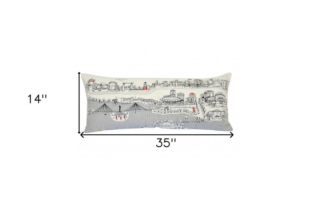 14" X 35" Dark Gray And White Wichita Nighttime Skyline Lumbar Decorative Pillow