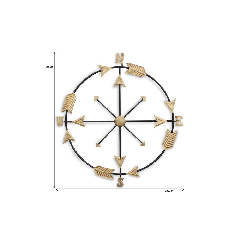 26" X 25" Brass and Black Metal Distressed Compass Wall Decor