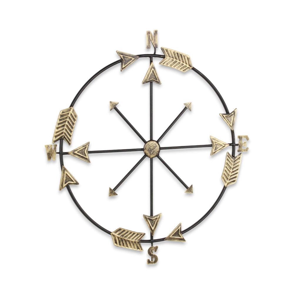 26" X 25" Brass and Black Metal Distressed Compass Wall Decor