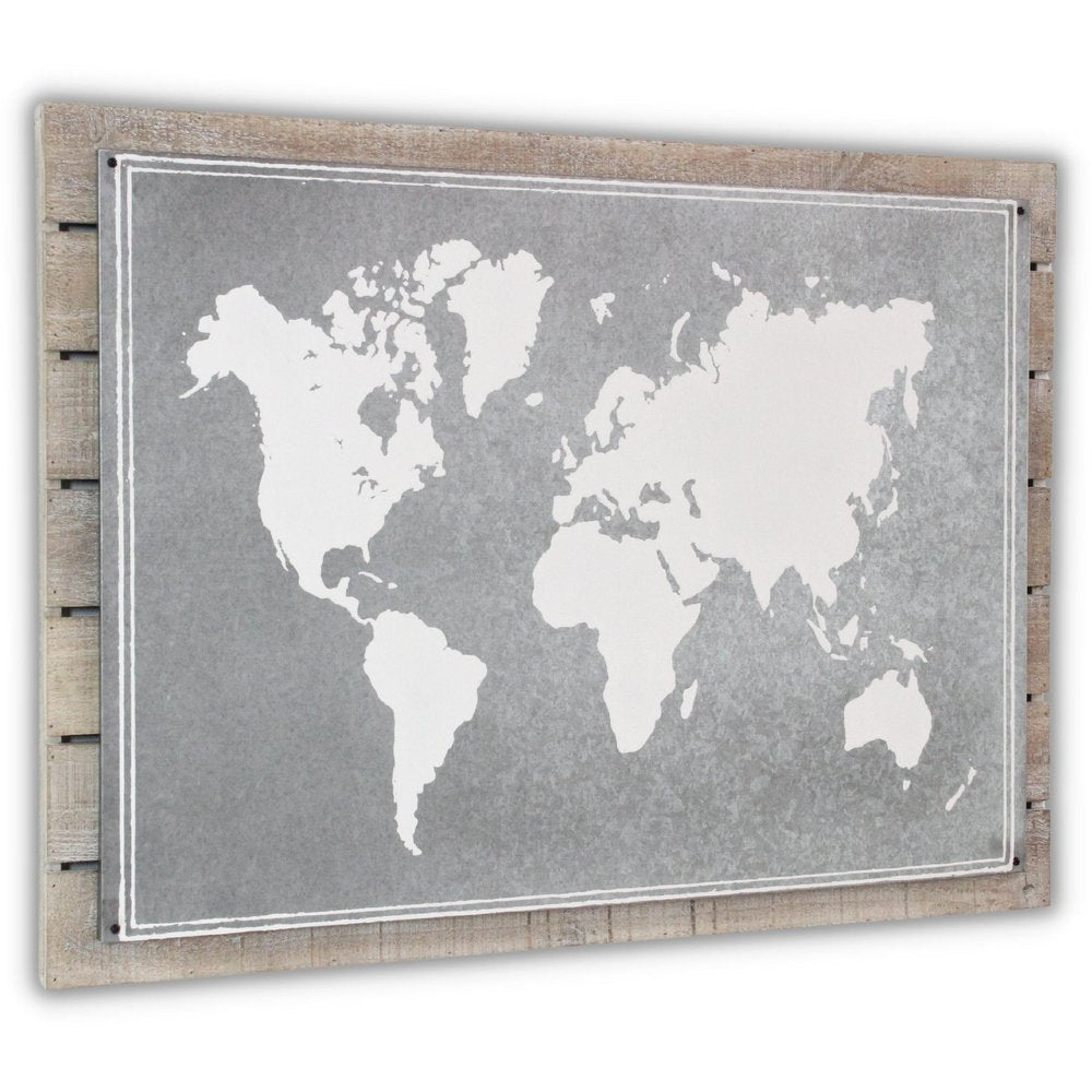 25" X 34" Brown and Gray Wood and Metal World Map Hanging Dimensional Sculpture