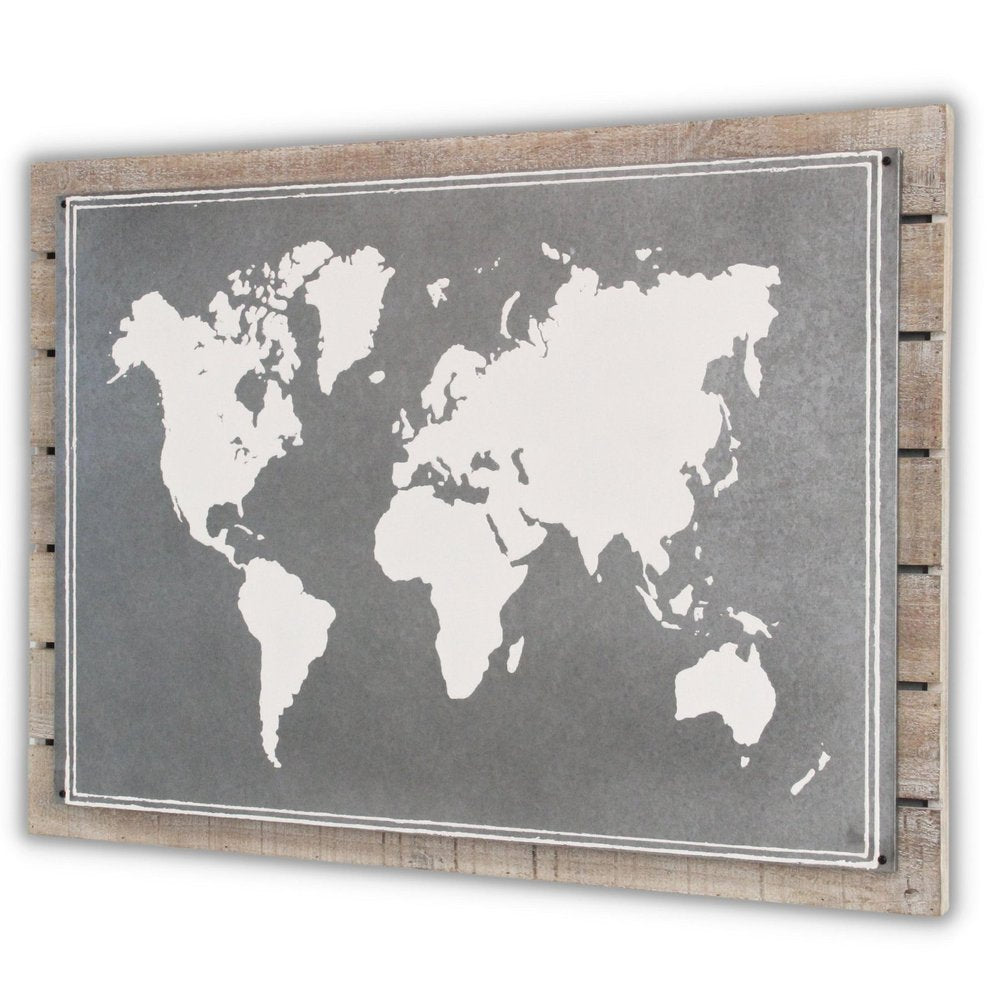 25" X 34" Brown and Gray Wood and Metal World Map Hanging Dimensional Sculpture
