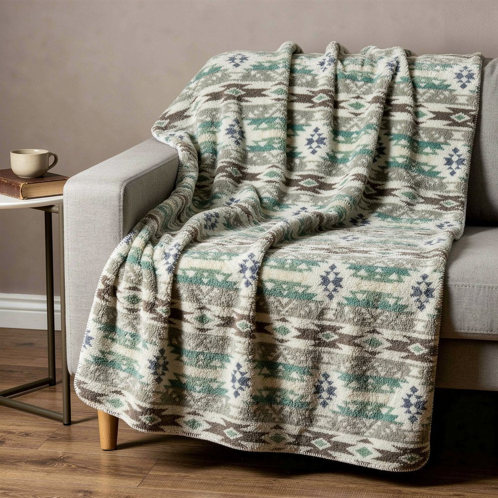50" X 60" Ivory Gray And Green Faux Sherpa Southwestern Throw Blanket