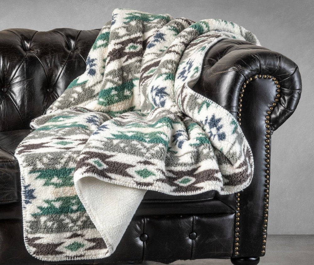 50" X 60" Ivory Gray And Green Faux Sherpa Southwestern Throw Blanket