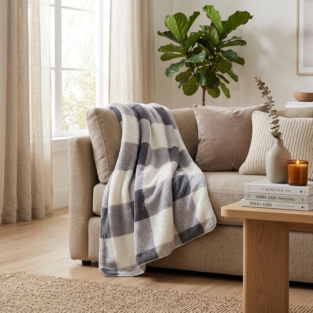 50" X 60" Gray And Ivory Faux Sherpa Plaid Throw Blanket