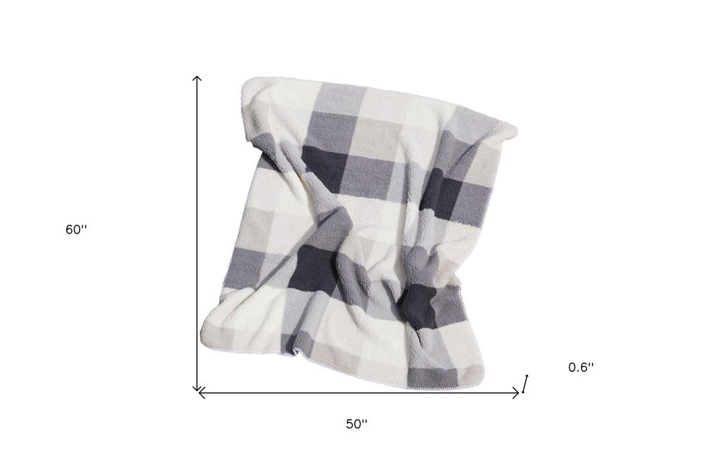 50" X 60" Gray And Ivory Faux Sherpa Plaid Throw Blanket