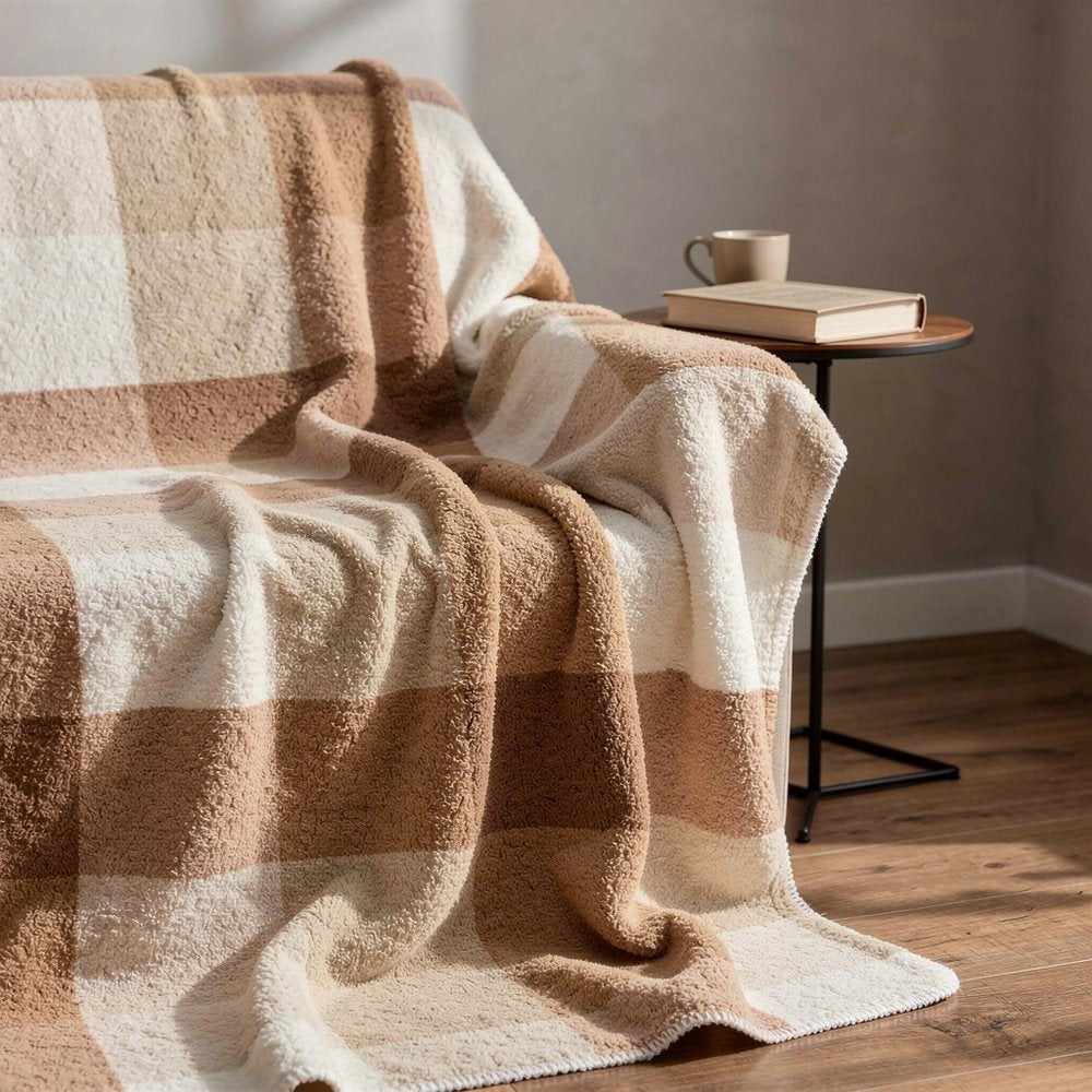 50" X 60" Gray And Ivory Faux Sherpa Plaid Throw Blanket