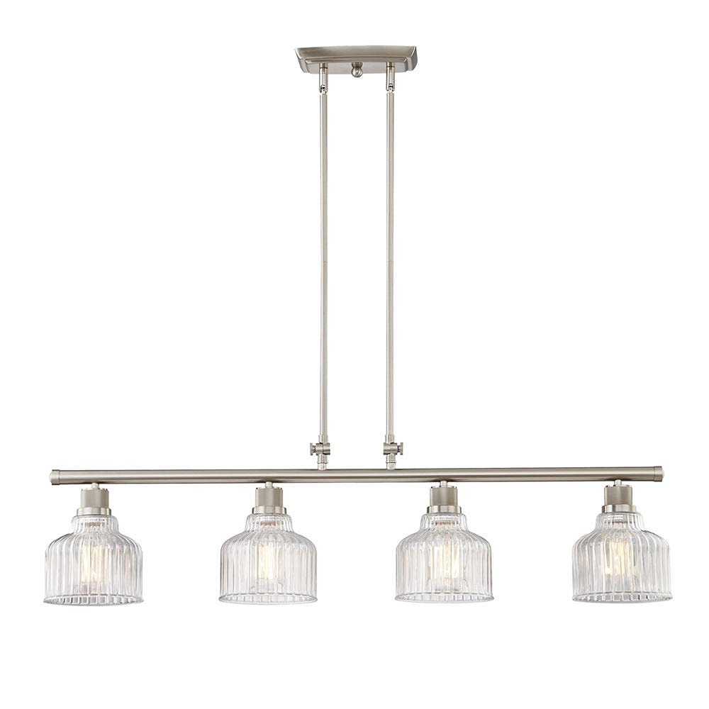 Nickel Kitchen Island Four Light Metal and Transparent Glass Dimmable Chandelier With Clear Shades