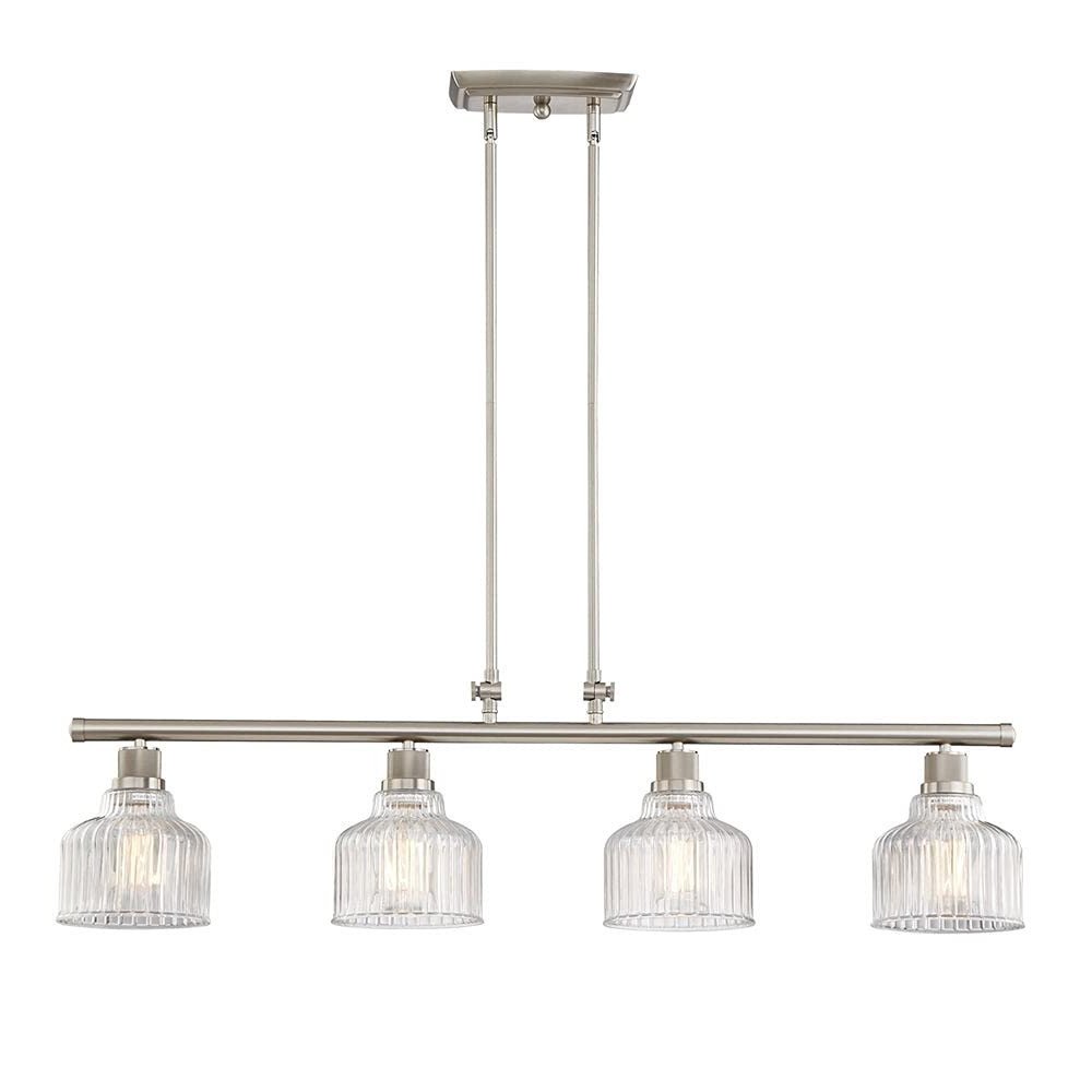 Nickel Kitchen Island Four Light Metal and Transparent Glass Dimmable Chandelier With Clear Shades