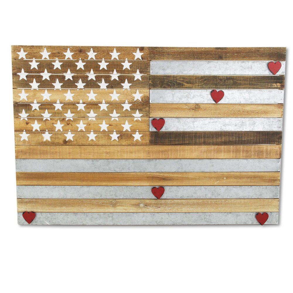 24" X 36" Brown and Gray Stars And Stripes Wood and Metal Hanging Dimensional Sculpture