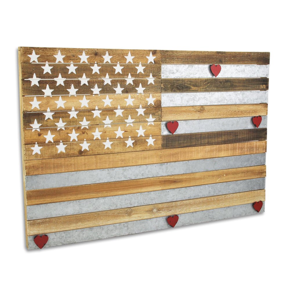 24" X 36" Brown and Gray Stars And Stripes Wood and Metal Hanging Dimensional Sculpture