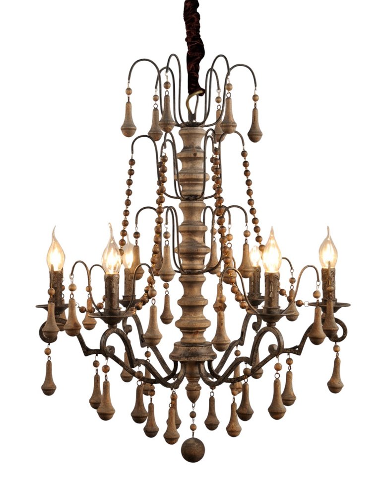 Brown Candle Style Six Light Solid Wood and Iron Chandelier