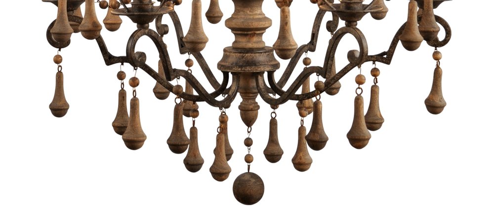 Brown Candle Style Six Light Solid Wood and Iron Chandelier