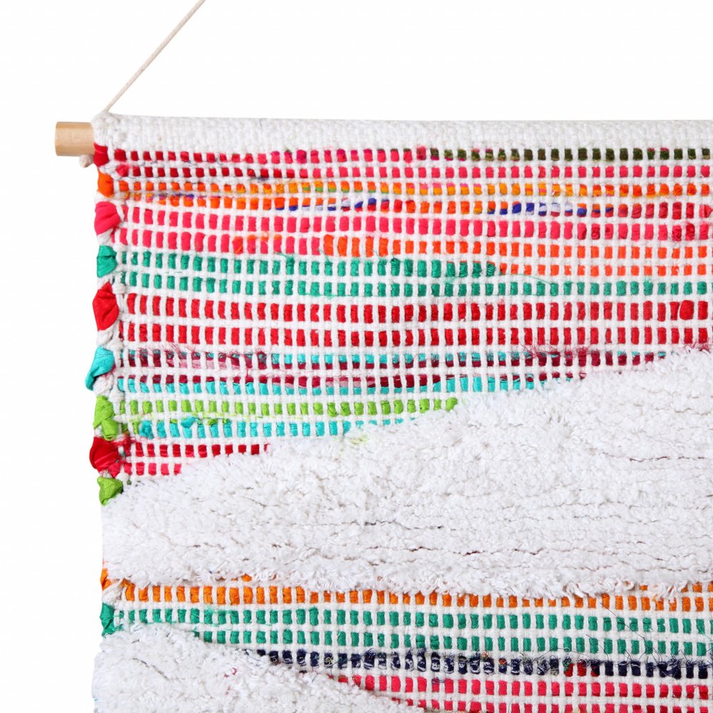 51" X 26" White Red Pink Chindi Abstract Woven Wool Hanging Tapestry