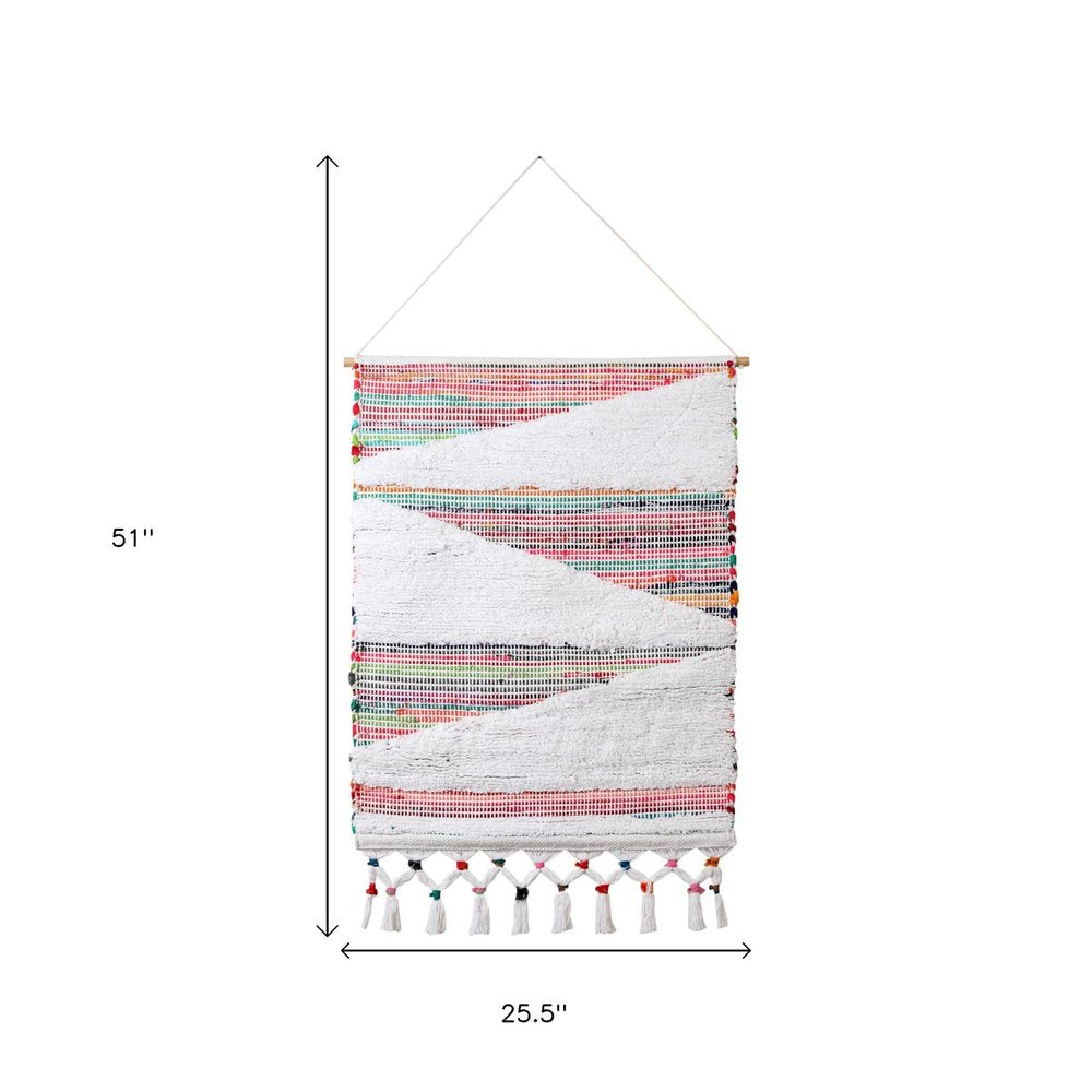 51" X 26" White Red Pink Chindi Abstract Woven Wool Hanging Tapestry