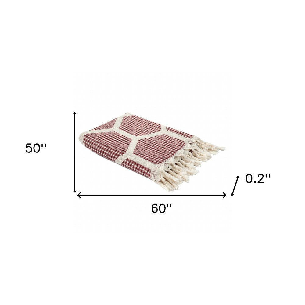 60" X 50" Red Woven Cotton Geometric Throw Blanket with Fringe