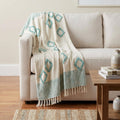 50" X 60" Aqua And Off White Cotton Woven Geometric Throw Blanket with Fringe
