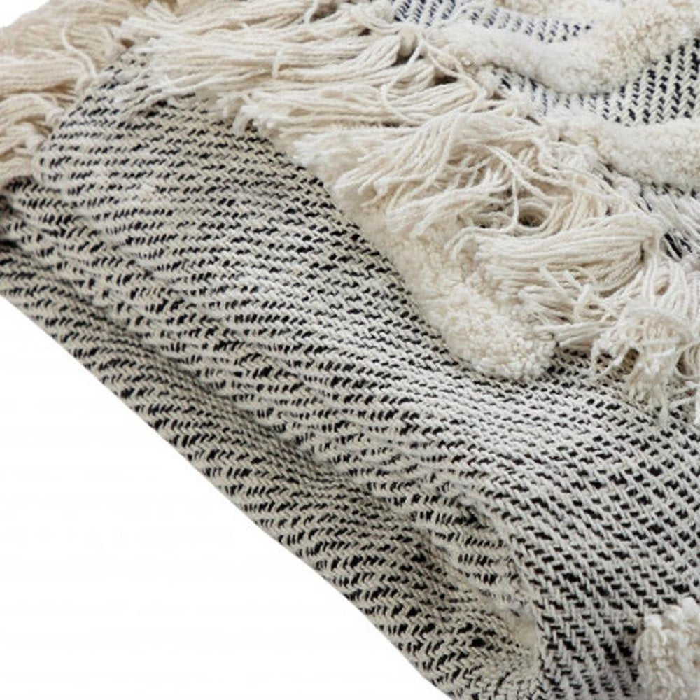 50" X 60" Black and Gray Woven Cotton Geometric Throw Blanket with Fringe