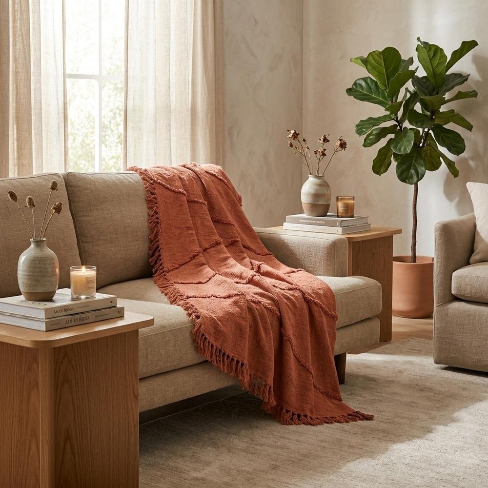 60" X 50" Orange Cotton Throw Blanket with Fringe