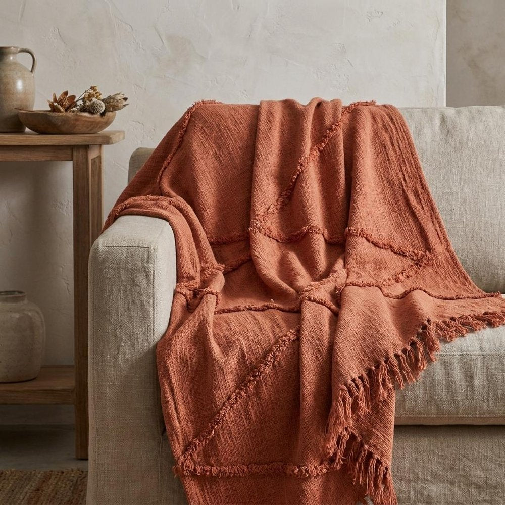 60" X 50" Orange Cotton Throw Blanket with Fringe