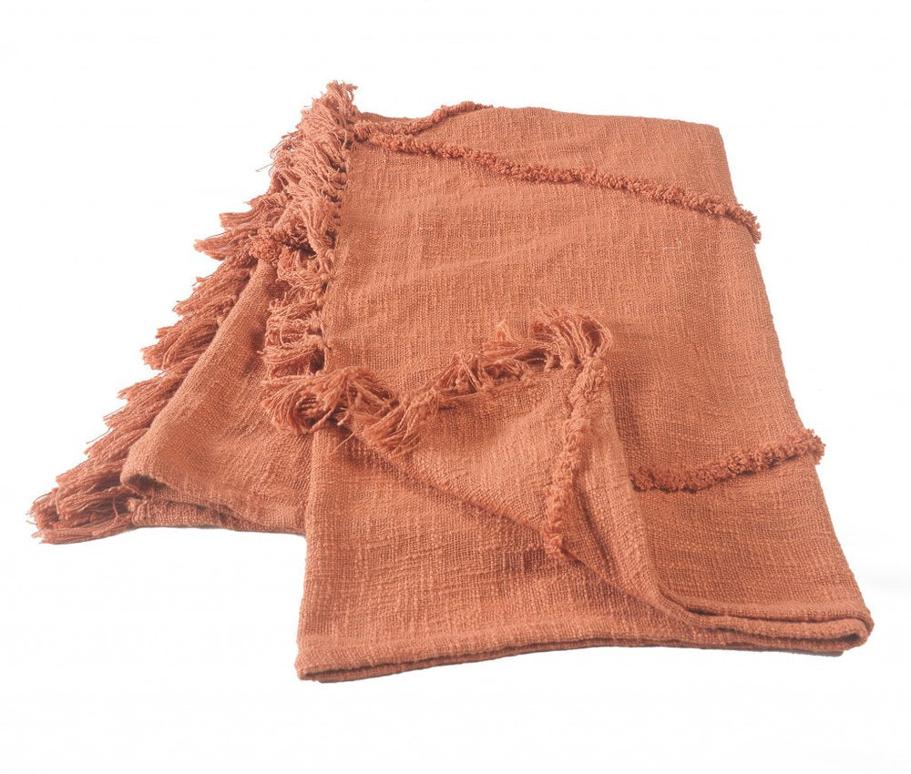 60" X 50" Orange Cotton Throw Blanket with Fringe