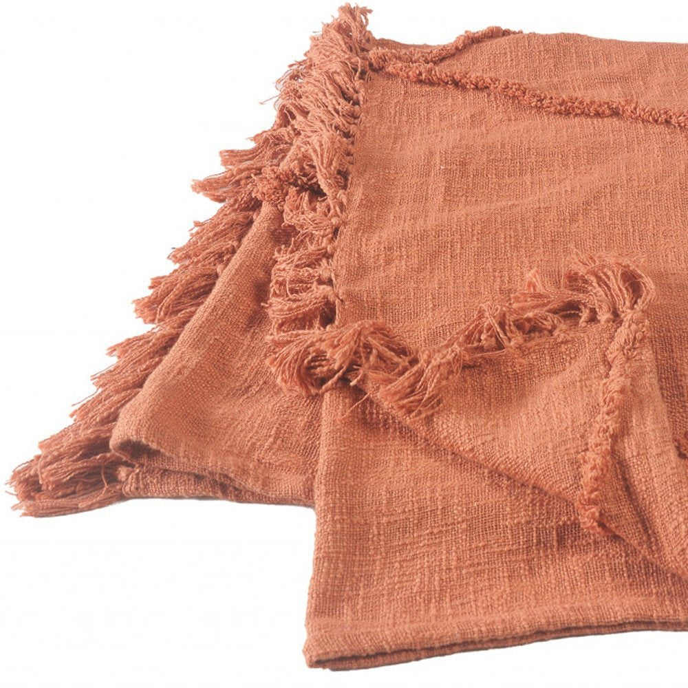 60" X 50" Orange Cotton Throw Blanket with Fringe