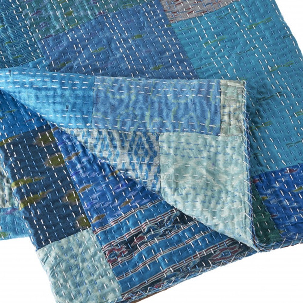 50" X 70" Green Patchwork Silk Quilted Kantha Throw Blanket with Embroidery