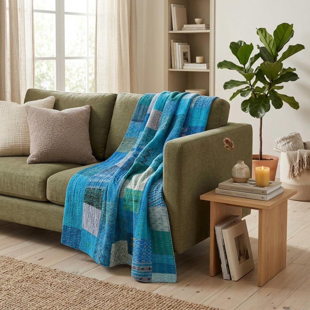 50" X 70" Green Patchwork Silk Quilted Kantha Throw Blanket with Embroidery