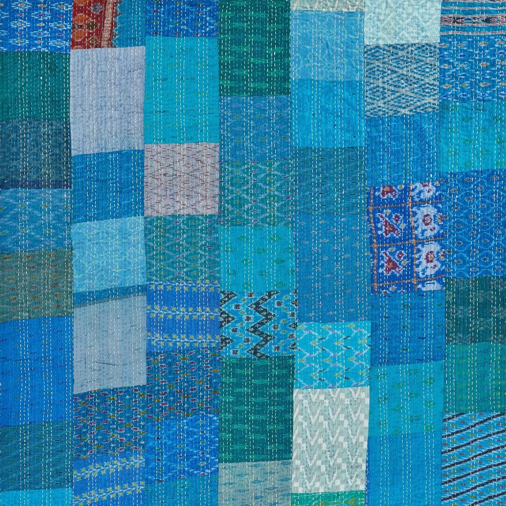50" X 70" Green Patchwork Silk Quilted Kantha Throw Blanket with Embroidery