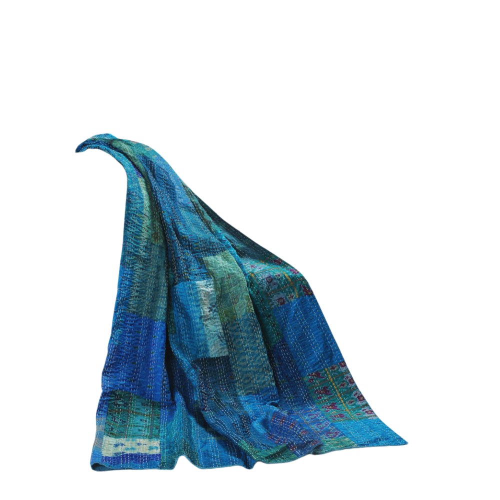 50" X 70" Green Patchwork Silk Quilted Kantha Throw Blanket with Embroidery