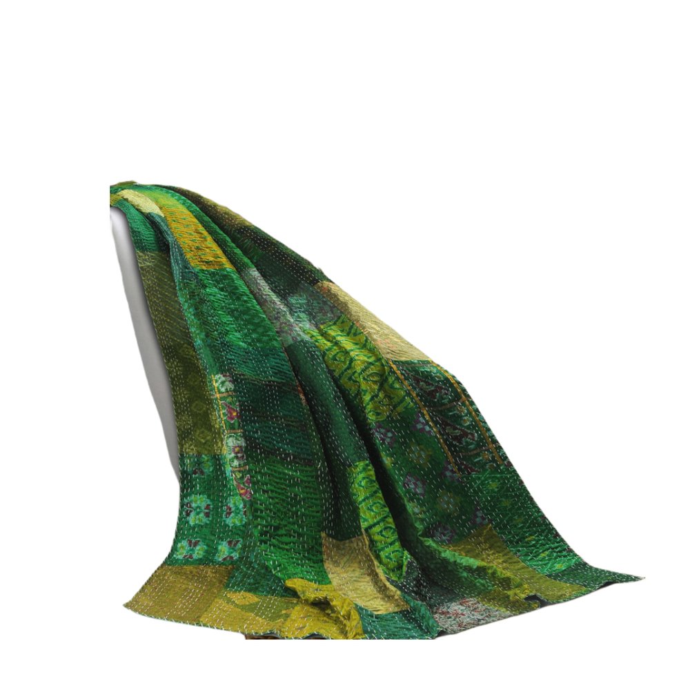 50" X 70" Green Patchwork Silk Quilted Kantha Throw Blanket with Embroidery