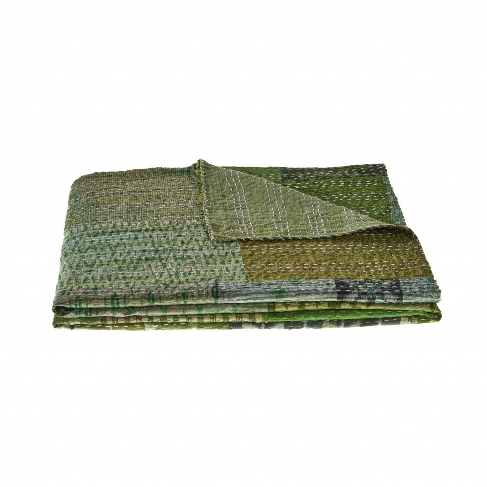 70" X 50" Blue Kantha Silk Patchwork Throw Blanket with Embroidery