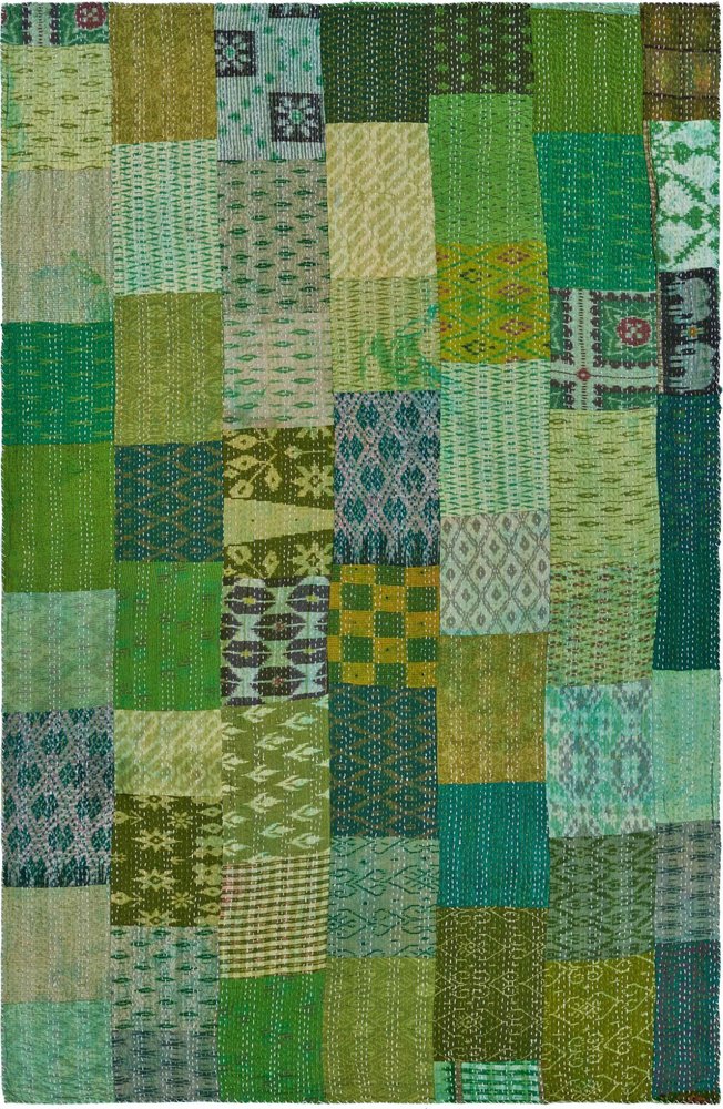 50" X 70" Green Patchwork Silk Quilted Kantha Throw Blanket with Embroidery