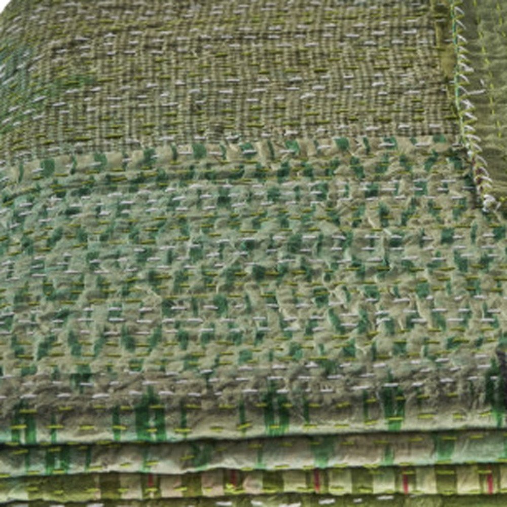 50" X 70" Green Patchwork Silk Quilted Kantha Throw Blanket with Embroidery
