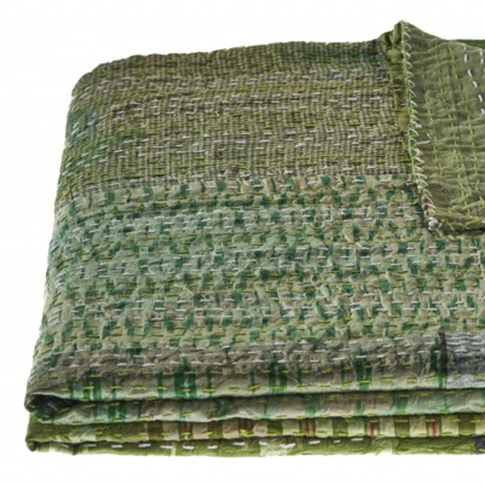 70" X 50" Blue Kantha Silk Patchwork Throw Blanket with Embroidery