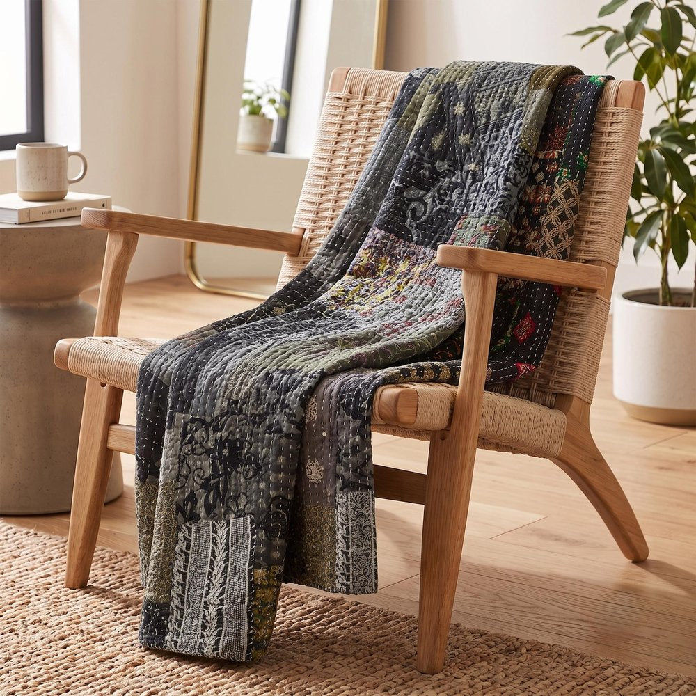 Gray Knitted Cotton Patchwork Throw Blanket