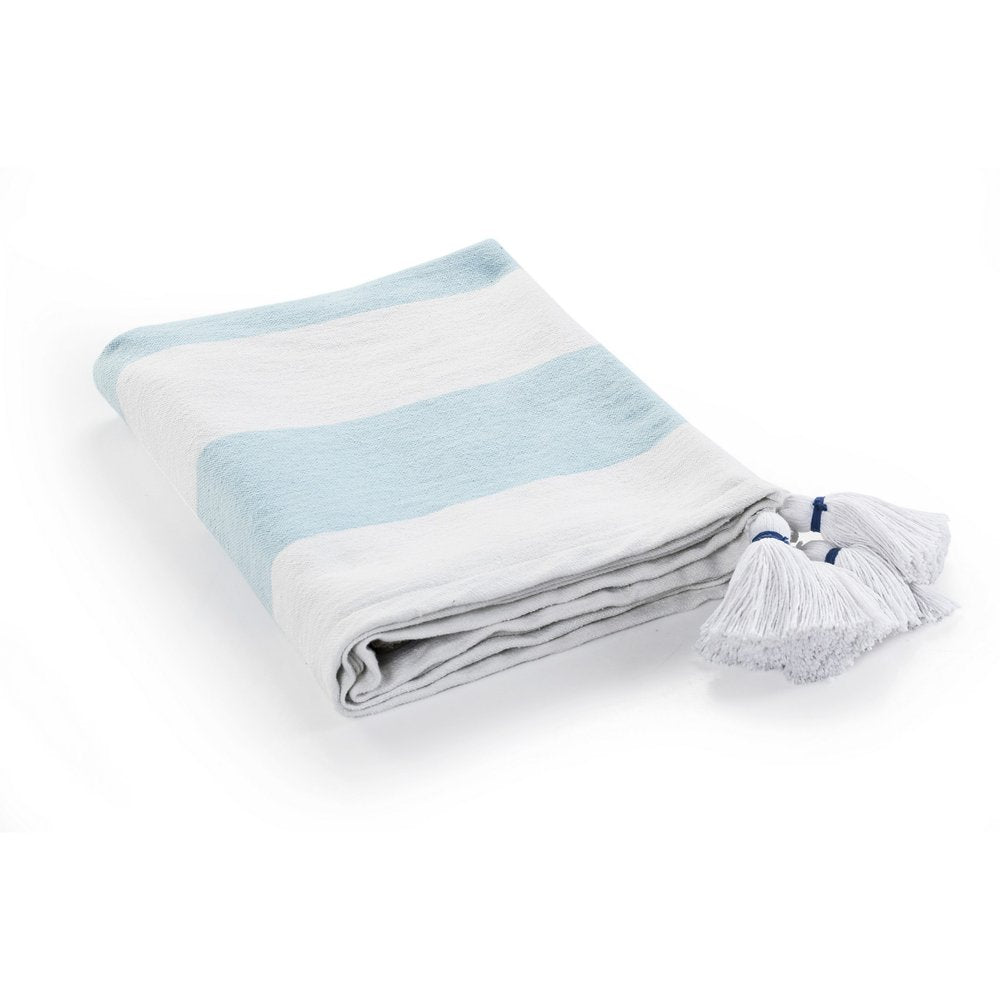 50" X 60" Blue and White Woven Cotton Striped Throw Blanket with Tassels