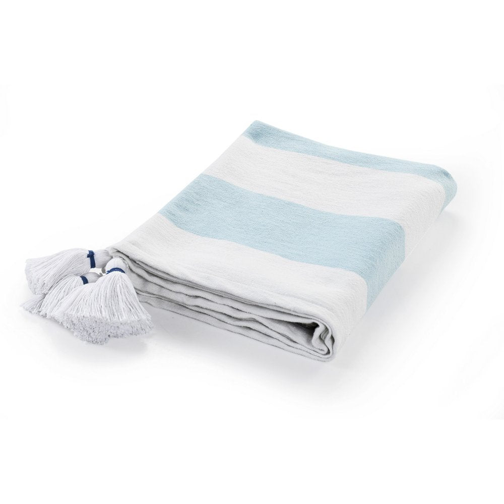 50" X 60" Blue and White Woven Cotton Striped Throw Blanket with Tassels