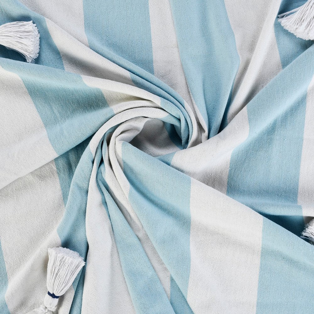 50" X 60" Blue and White Woven Cotton Striped Throw Blanket with Tassels