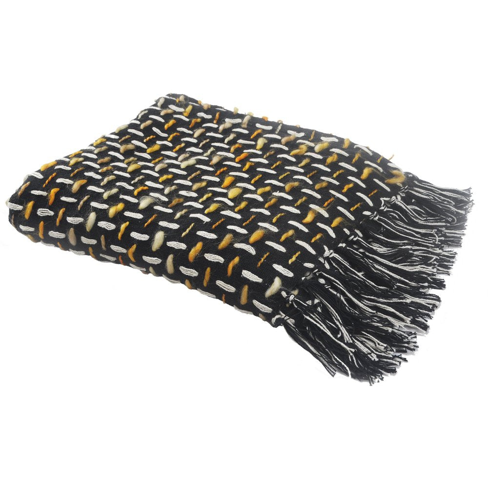 50" X 60" Black And Gold Geometric Cotton Woven Throw Blanket with Tassels
